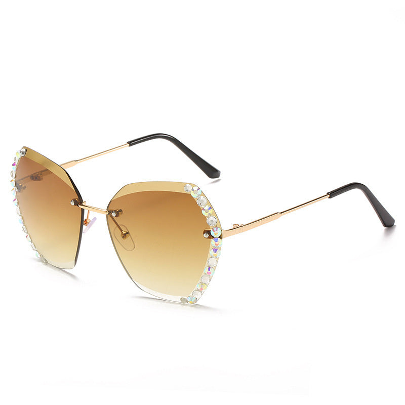 Women's Rimless Rhinestone Sunglasses With Gradient Multicolor Lens Glasses UV Protection