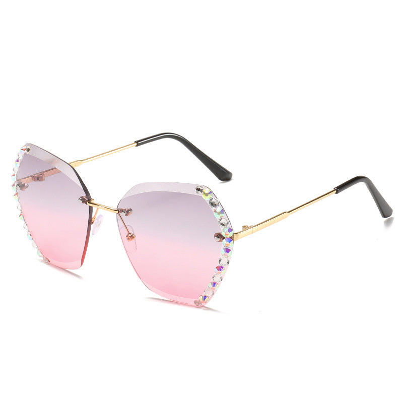 Women's Rimless Rhinestone Sunglasses With Gradient Multicolor Lens Glasses UV Protection