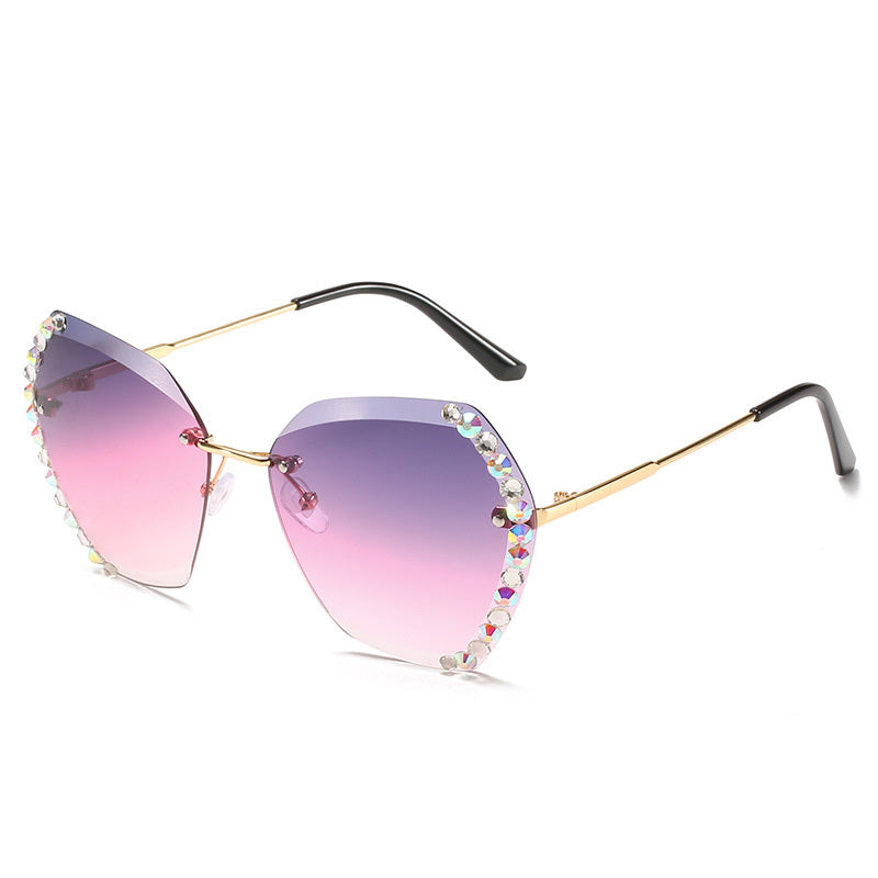 Women's Rimless Rhinestone Sunglasses With Gradient Multicolor Lens Glasses UV Protection