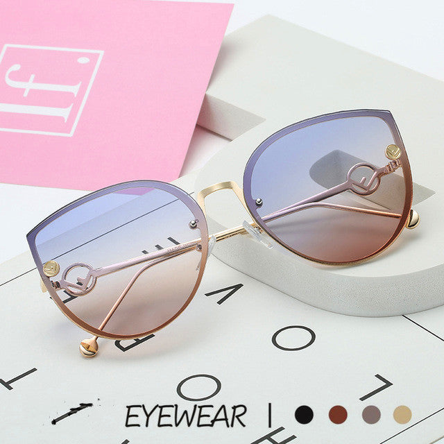 Women Sunglasses Eyewear Glasses Driving Gradient Rimless Lens Pink Blue Cat Eye