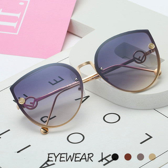 Women Sunglasses Eyewear Glasses Driving Gradient Rimless Lens Pink Blue Cat Eye