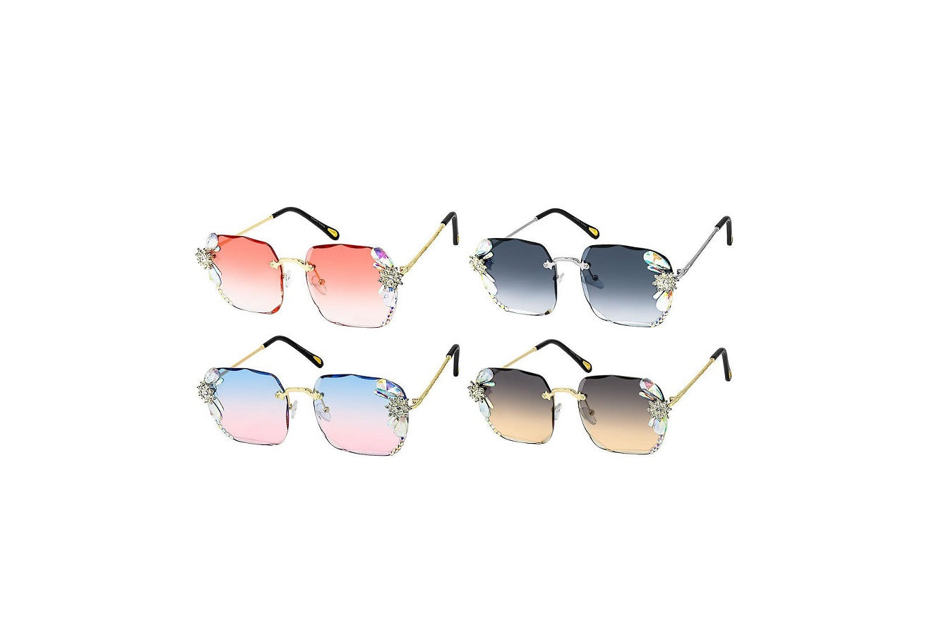 Womens UV Protection Sunglasses,Rimless Rhinestone Sunglasses For Beach Summer,Trendy Flower Crystal Rimmed Style Sunglasses