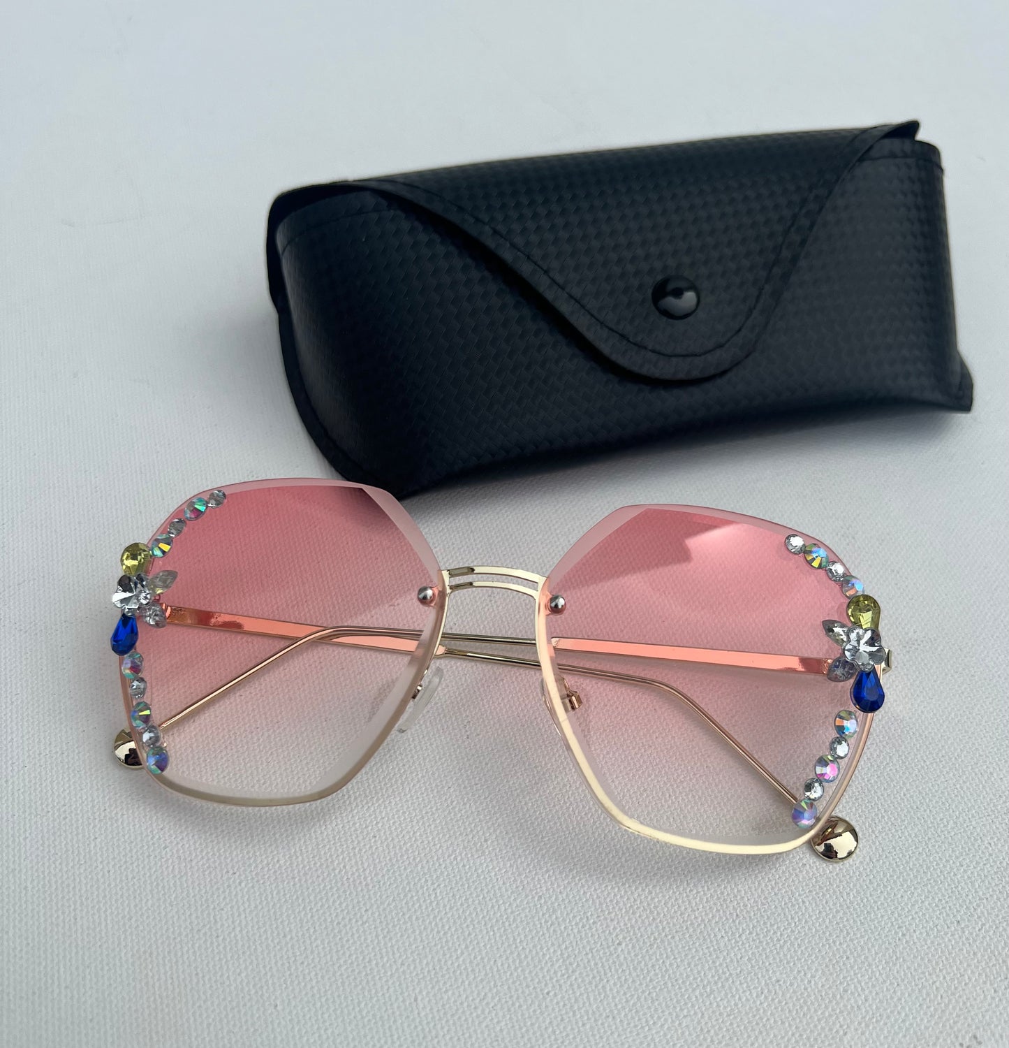 Womens UV Protection Rhinestone Pink Sunglasses,Rimless Rhinestone Sunglasses For Beach Summer,Trendy Flower Crystal Rimmed Style Sunglasses