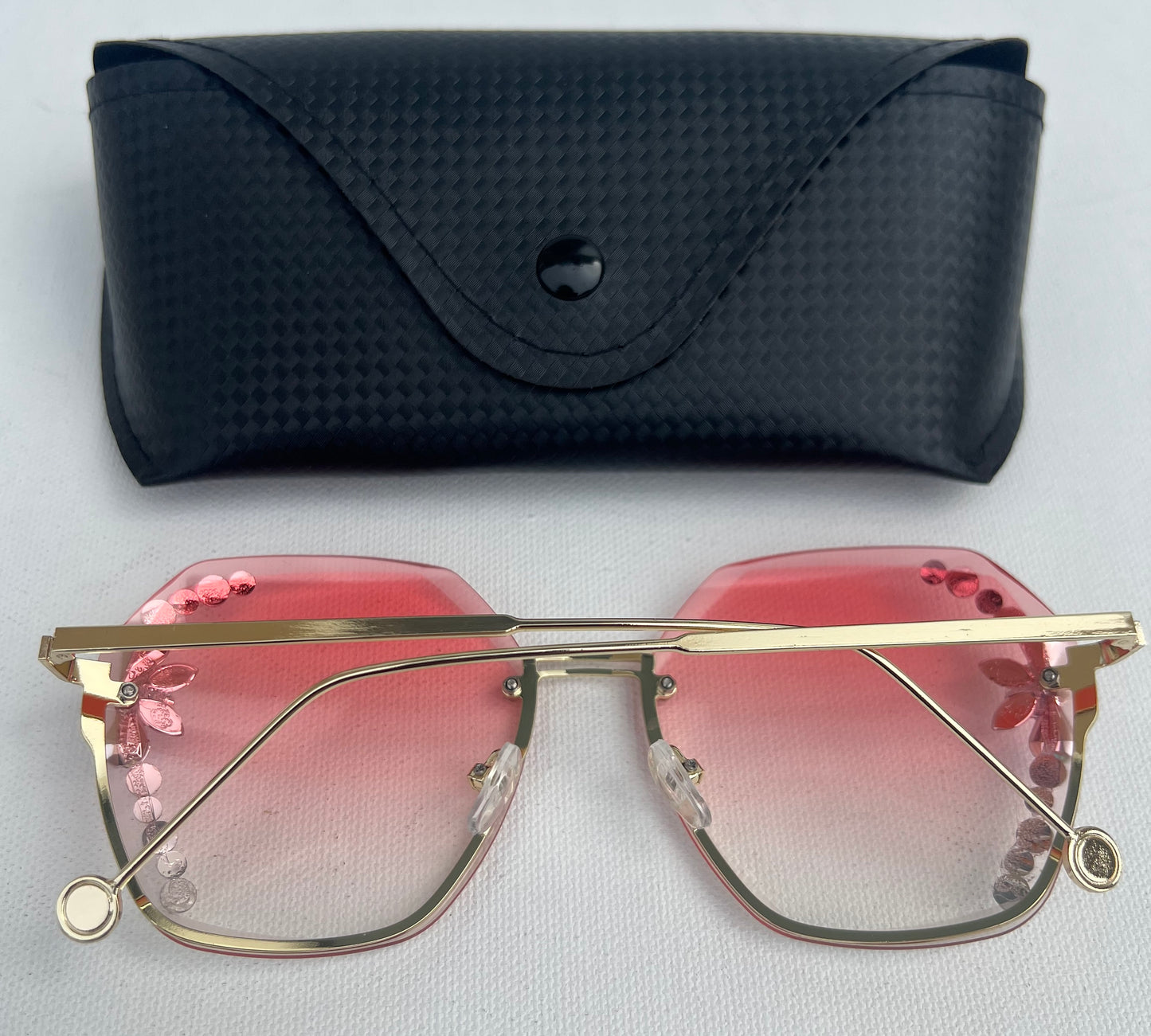 Womens UV Protection Rhinestone Pink Sunglasses,Rimless Rhinestone Sunglasses For Beach Summer,Trendy Flower Crystal Rimmed Style Sunglasses