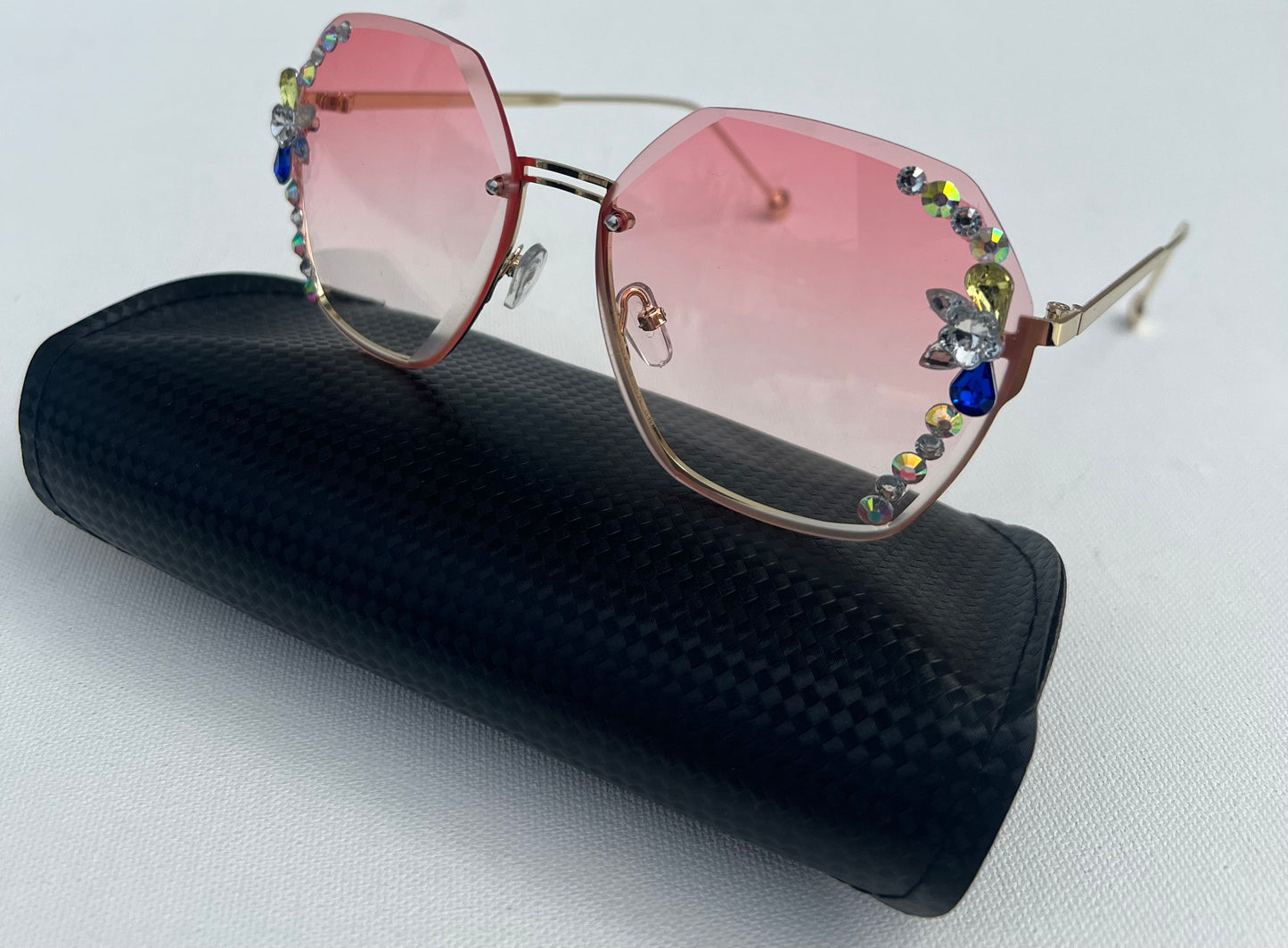 Womens UV Protection Rhinestone Pink Sunglasses,Rimless Rhinestone Sunglasses For Beach Summer,Trendy Flower Crystal Rimmed Style Sunglasses