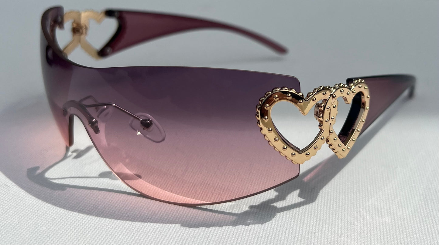Pink Rimless Wrap Around Women Sunglasses Gold Color Heart Shades Eyeglasses Women's Travel Eyewear Single Piece Lens