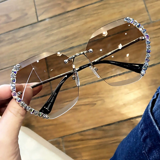 Women's Rimless Rhinestone Sunglasses With Gradient Multicolor Lens Glasses UV Protection
