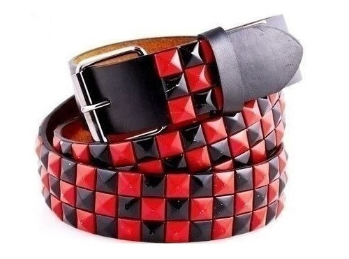Men's Women's Red and Black Checkered Studded Belt 3-Rows Pyramid with Removable Buckle