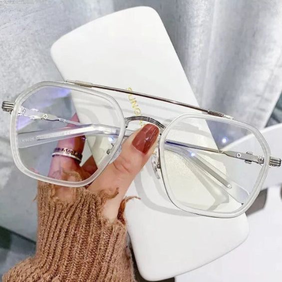 Mens Myopia Glasses Double Bridge Polygon Computer Eyeglasses Women Fashion Oversized Metal Frame Anti Fatigue Eyewear 0 To -600