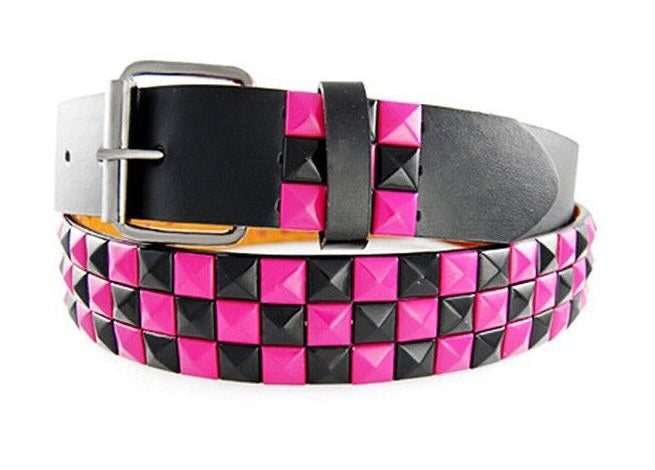 Women's Hot Pink and Black Checkered 3-Rows Pyramid Studded Belt