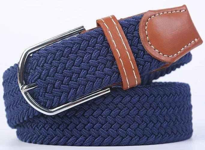A navy blue braided elastic web belt with a brown leather keeper and a silver-tone metal buckle, shown coiled on a white background.