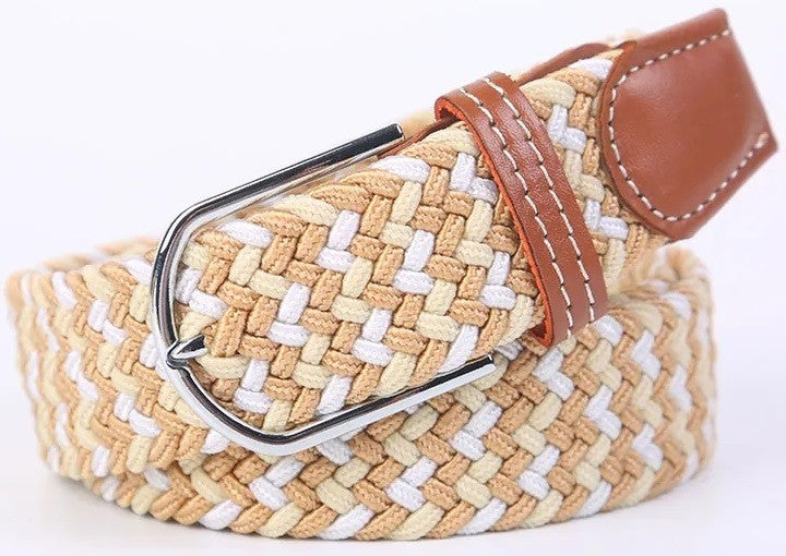 A woven elastic belt with a beige and white pattern, a brown leather keeper, and a silver metal buckle, shown on a white background.