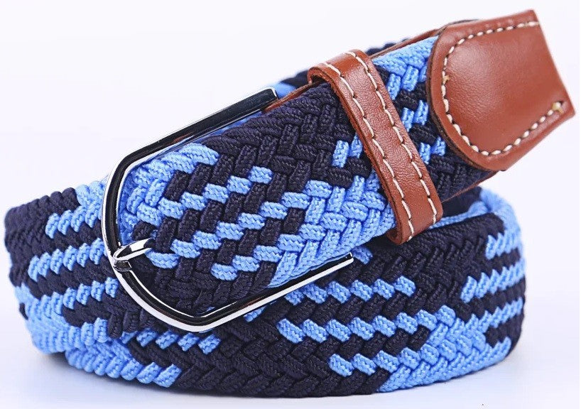 A woven elastic belt with a blue and navy pattern, brown leather accents, and a silver metal buckle, shown on a white background.