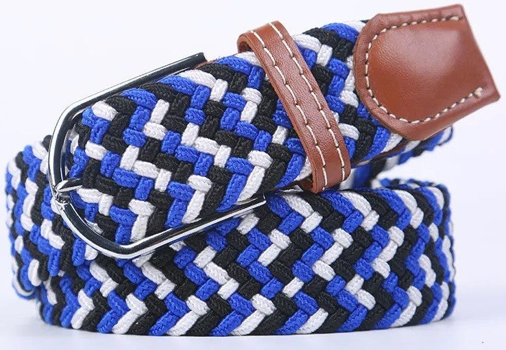 A woven elastic belt with a blue, black, and white pattern, featuring a brown leather keeper loop and a silver-tone metal buckle, shown on a white background.