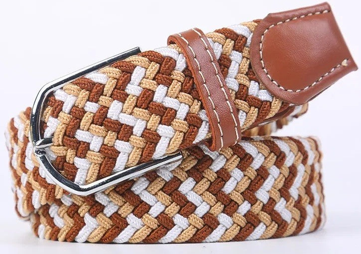 A woven elastic belt with a brown and beige herringbone pattern, a silver metal buckle, and a brown faux-leather keeper loop on a white background.