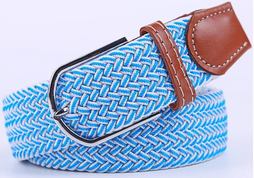 A woven elastic belt with a light blue and white herringbone pattern, a brown leather keeper loop, and a silver metal buckle, shown coiled on a white background.
