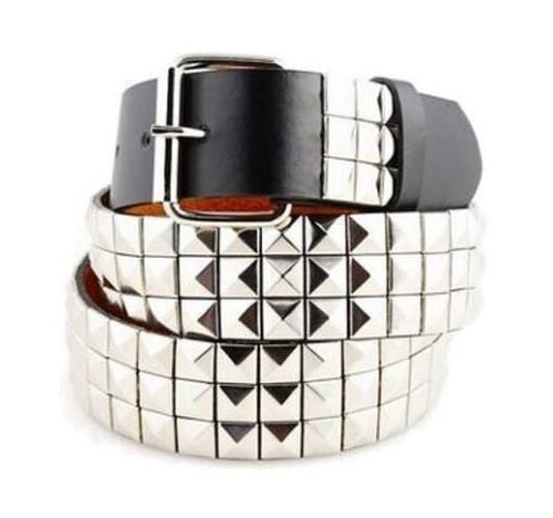 Men's Women's Leather Belt Silver Metal Studded 3-Rows Pyramid
