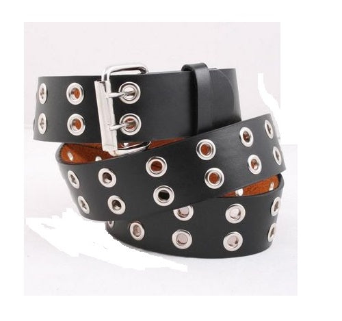 New Unisex Men's Womens Solid 2-Double Row Grommet Holes Leather Belt Silver Roller Buckle