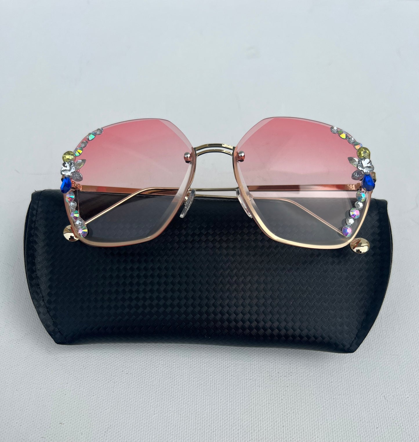 Womens UV Protection Rhinestone Pink Sunglasses,Rimless Rhinestone Sunglasses For Beach Summer,Trendy Flower Crystal Rimmed Style Sunglasses