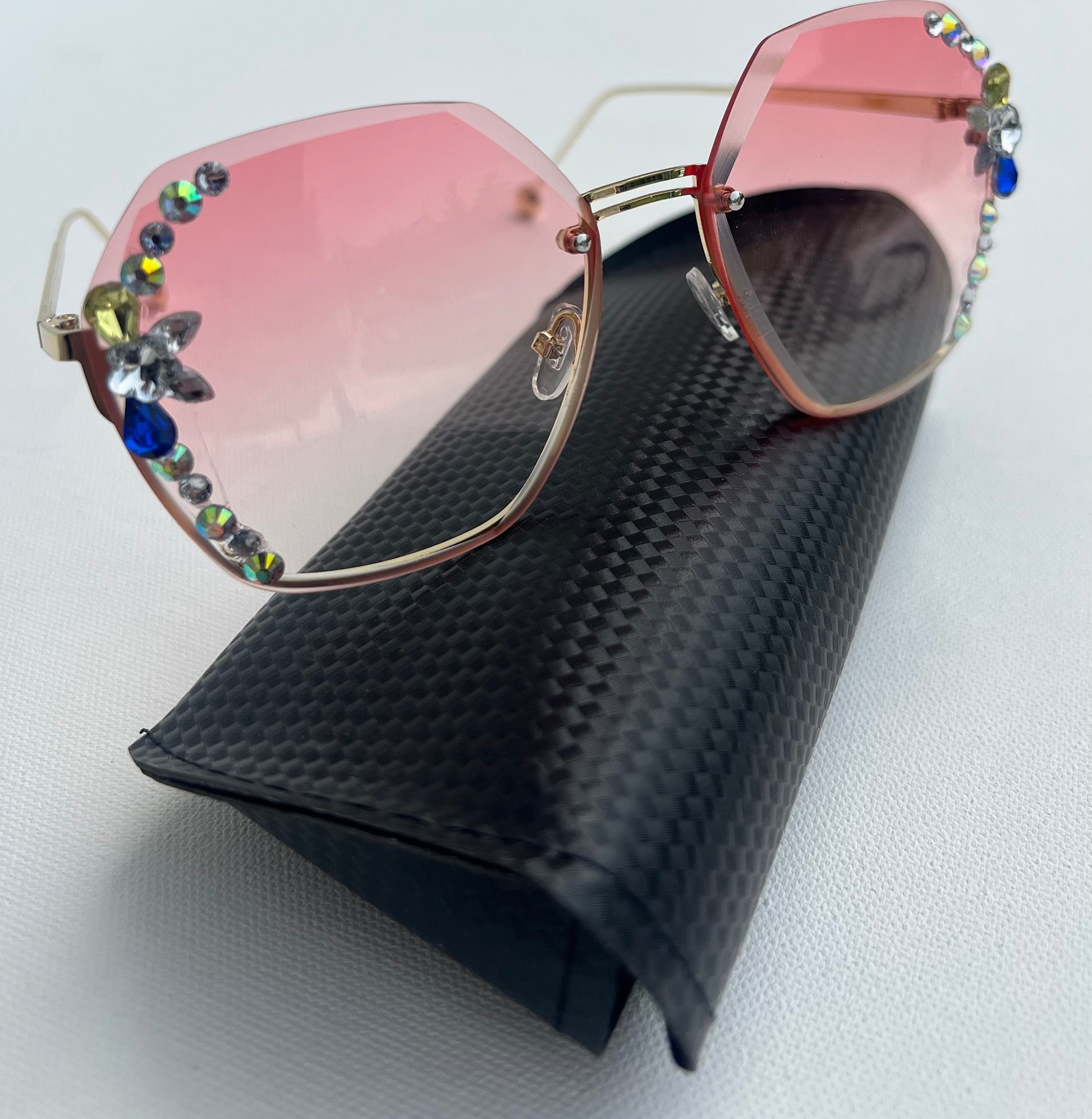 Womens UV Protection Rhinestone Pink Sunglasses,Rimless Rhinestone Sunglasses For Beach Summer,Trendy Flower Crystal Rimmed Style Sunglasses