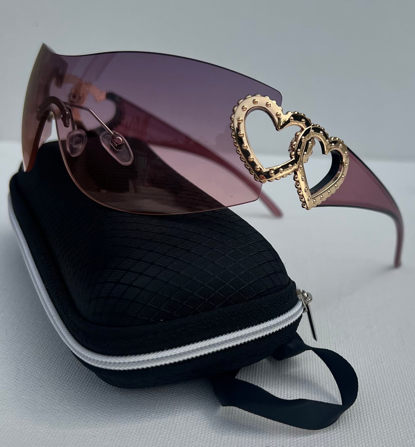 Pink Rimless Wrap Around Women Sunglasses Gold Color Heart Shades Eyeglasses Women's Travel Eyewear Single Piece Lens